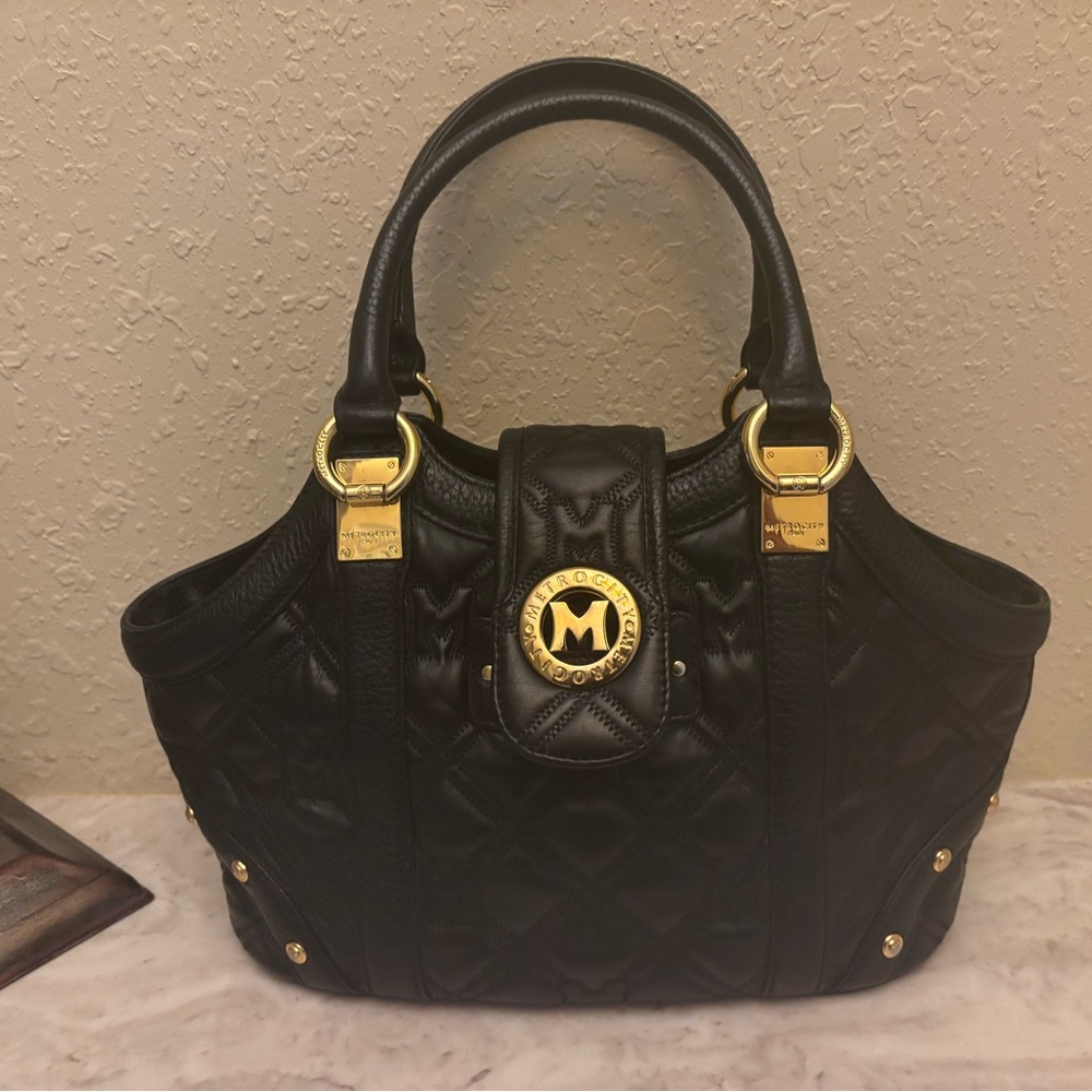 Metrocity Italy black quilted leather handbag with Gold Accents